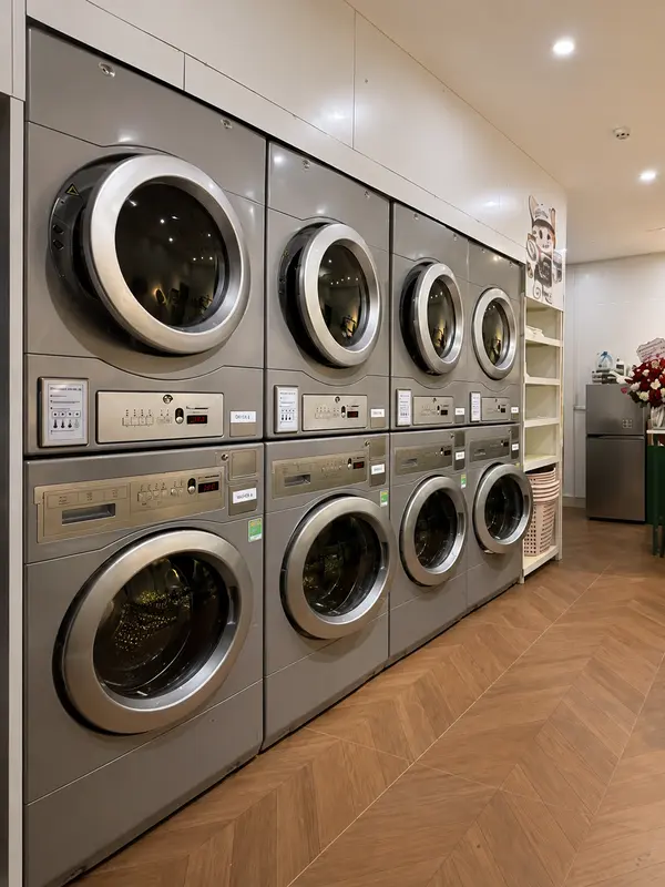Commercial washers and dryers at Flower Laundromat in Da Nang