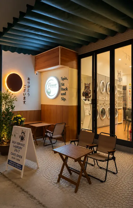Exterior of Flower Laundromat & Cafe in Da Nang with outdoor seating